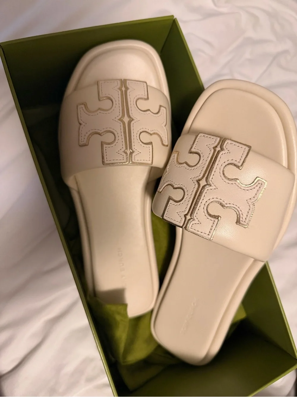 Tory Burch Cream Leather Logo Slide Sandals